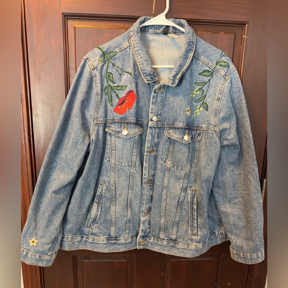 H&M Blue Jean Jacket with Floral Embroidery